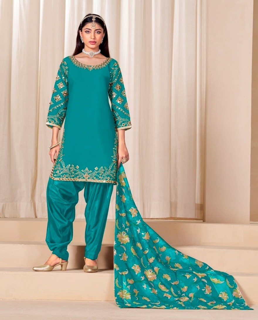 225-blue - Mirror Work Teal Embroidered Punjabi Suit
